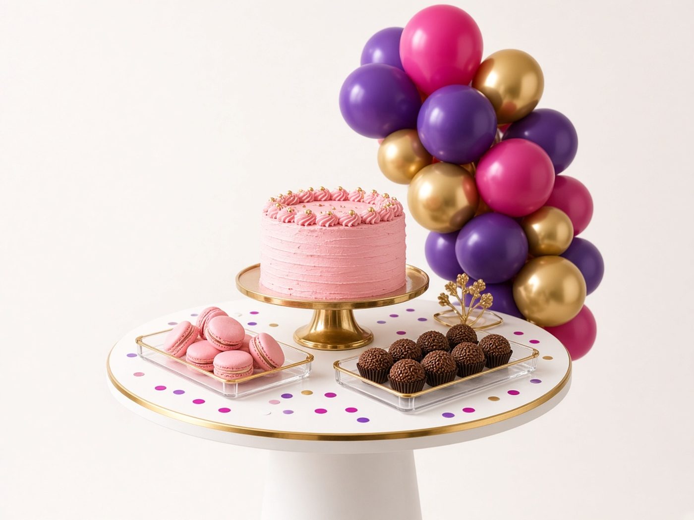 Mesa de mini festa com bolo rosa, bandejas douradas e balões rosa, roxo e dourado