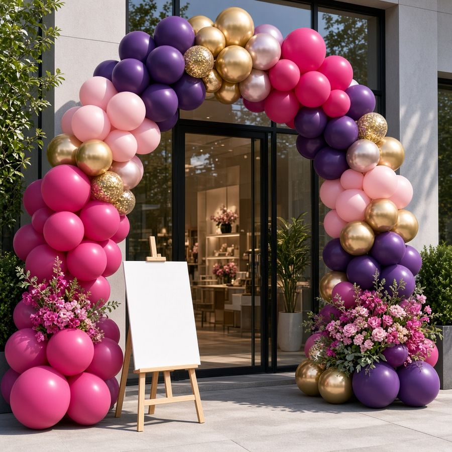 Arco de balões rosa, roxo e dourado na entrada de uma loja