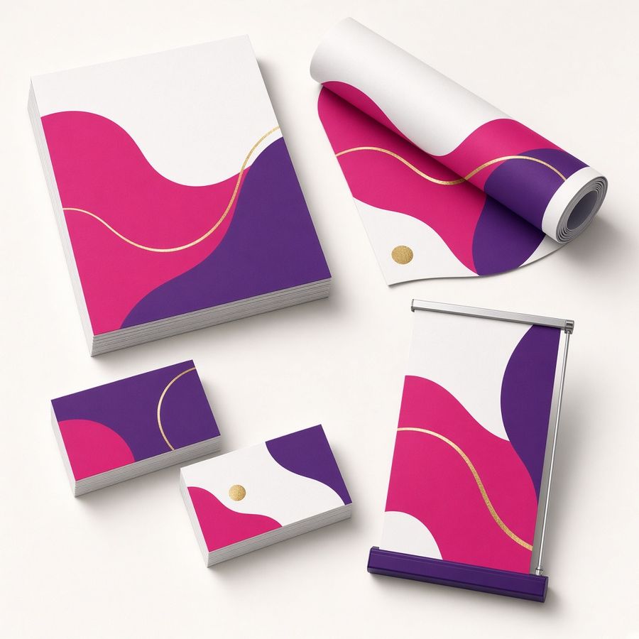 Cartões de visita, panfletos e banner em rosa e roxo